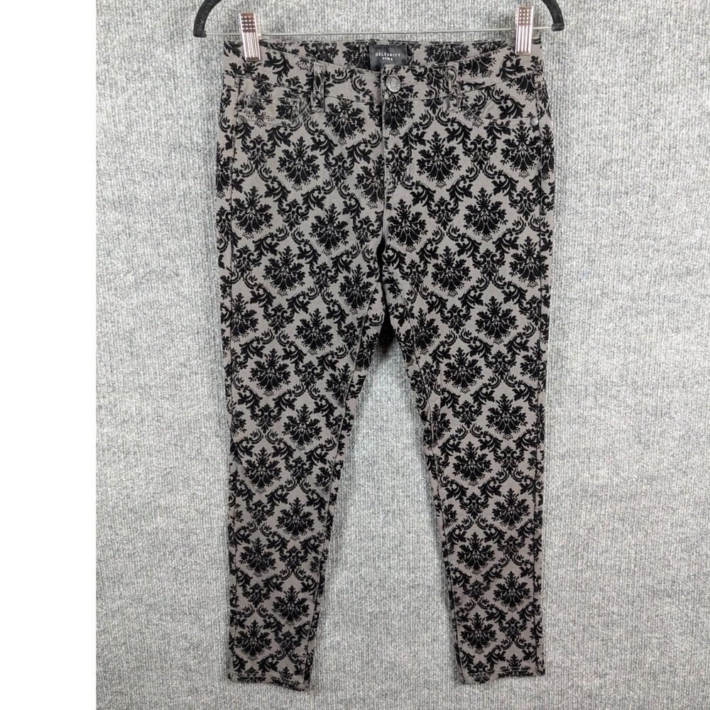 Celebrity Pink Pants SZ 5/27 Gray Black Velvet Damask Skinny Goth Whimsigoth Y2K